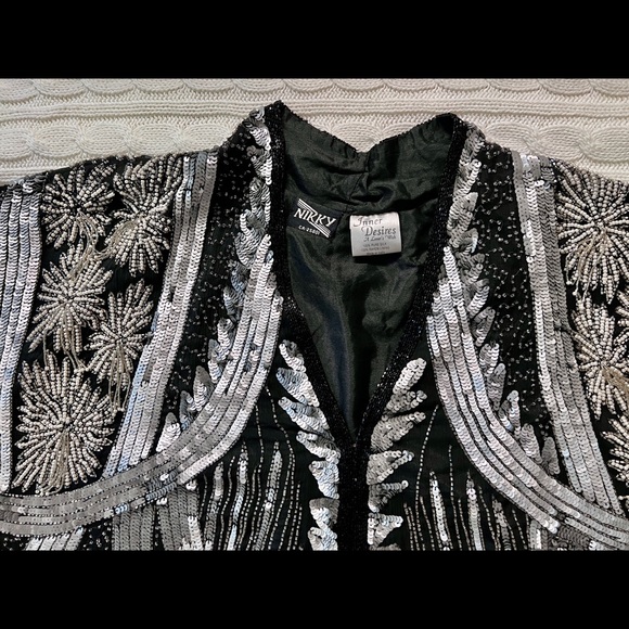 Vintage handmade Silver Beaded Sequined Duster Coat Long Jacket - Picture 9 of 16